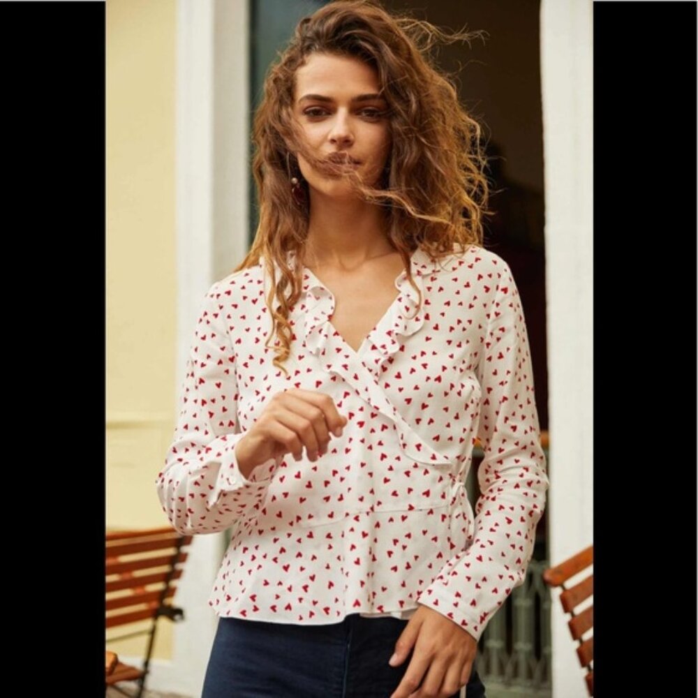 Rails Simone Smitten Heart Wrap Ruffle Blouse Size XS